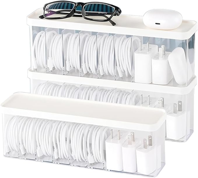 Charger Cable Cord Storage Organizer Box - Easy Storage Without Cable Ties - 3 Pack With Lid