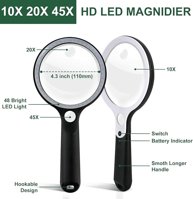 Magnifying Glass with 48 LED Light, 10X 20X 45X Handheld Illuminated Lighted Magnifier with 5 Light Modes Rechargeable Magnifying Glass for Seniors Reading Inspection (White & Black)