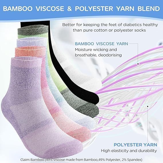 Bulinlulu Bamboo Viscose Diabetic Socks, 6 Pairs Non Binding Ankle Socks, Reinforced Toe, Size 6-9/9-11/13-15