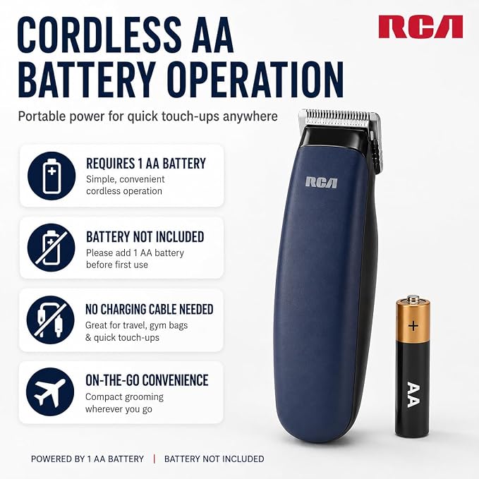 RCA Touch-Up Trimmer for Men, Cordless Travel Size Facial Hair Trimmer with Stainless Steel Blades, Lightweight Portable Beard Detailer for Mustache, Sideburns & Neckline