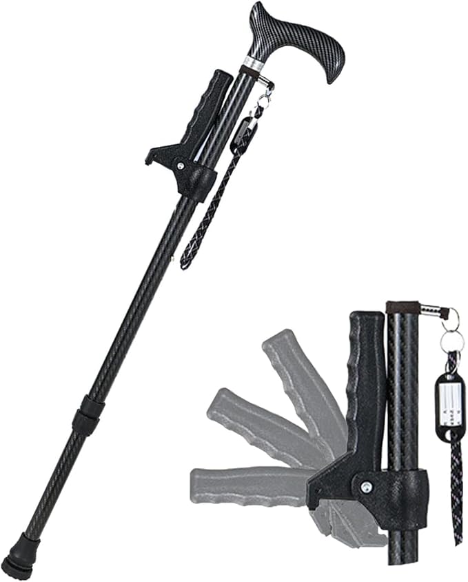 300 LB Heavy Duty Carbon Fiber Folding Walking Cane for Men and Women, Lightweight Adjustable Cane with Second Handle, Collapsible Walking Stick with Travel Bag (Black)