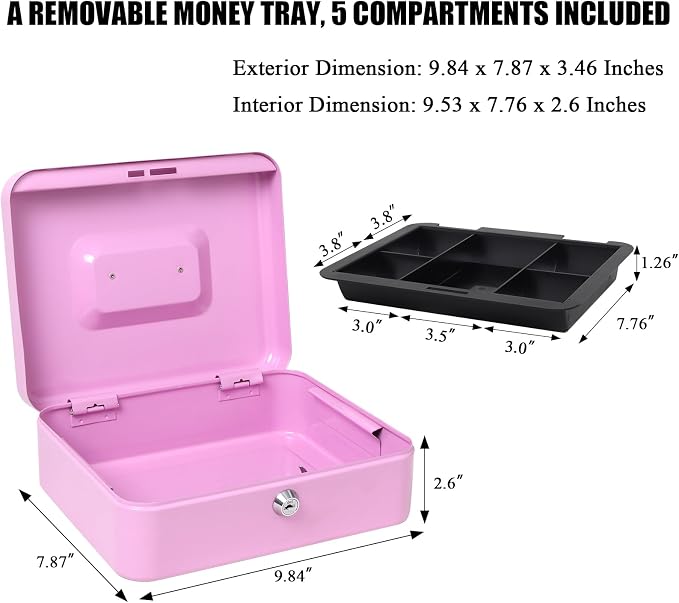 Jssmst Cash Box with Tray - Light Purple Money Box with Key Lock, Money Saving Box Lock Box, 9.84'' x 7.87'' x 2.6'', Light Purple