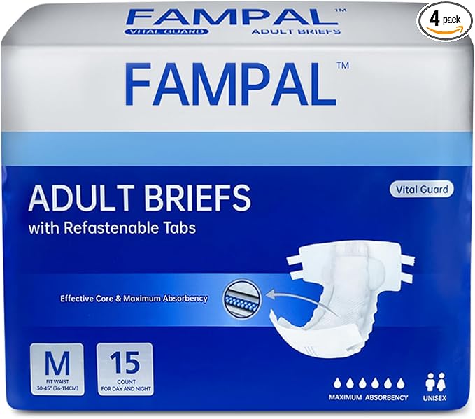 Vital Guard Adult Diapers, Disposable Incontinence Briefs with Tabs for Men and Women, Maximum Absorbency, Odor Control, Medium, 60 Count (4 Packs of 15)