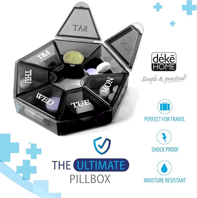 Deke Home - Small Weekly Pill Organizer, Round Pill Dispenser for Travel, Mini Pill Organizer, Compact Medicine Holder, Pill Sorters 7 Days, Portable Vitamin Container, BPA Free (Food Grade)