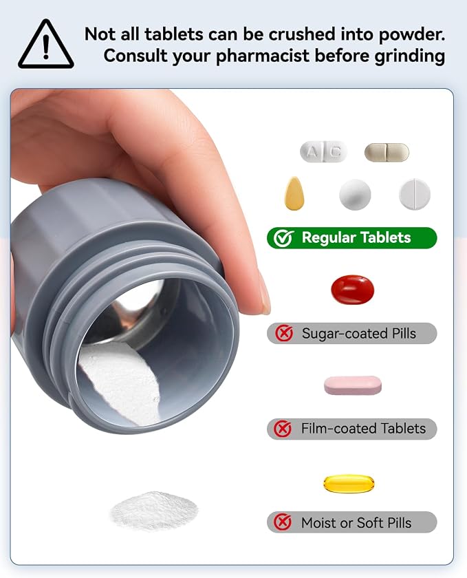 Pill Crusher and Pill Cutter - Cotatoc 3-in-1 Pill Crusher Fine Powder with Stainless Steel Grinding Head, Tablet Grinder with Storage for Tablets, Pill Cutter Splitter for Small and Tiny Pills (Gray)