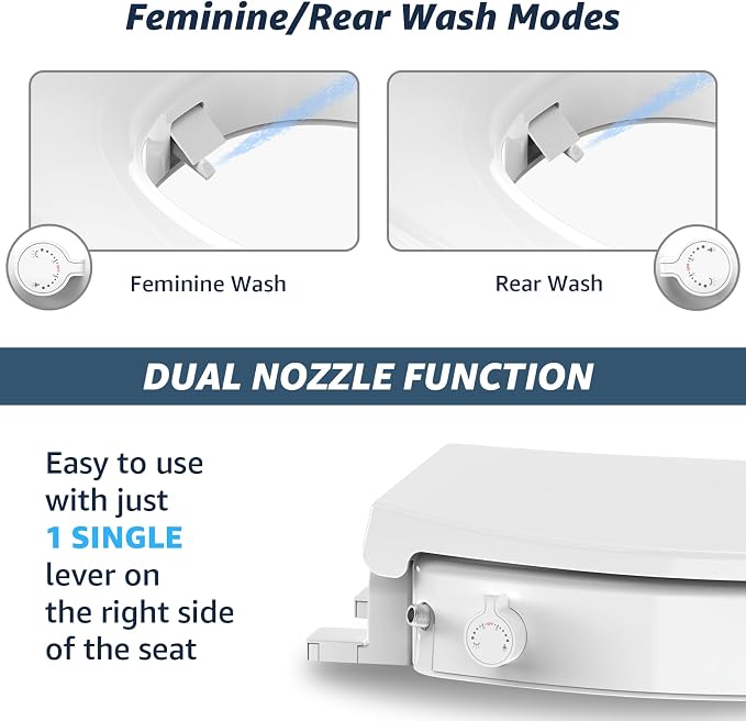 Huttdmel Raised Bidet Toilet Seat Elongated 18.5" – Soft Close, Dual Self-Cleaning Nozzles, Quick Release & Connect, Sturdy PP, Won't Loosen, Ideal for Seniors, Elderly & Limited Mobility, White