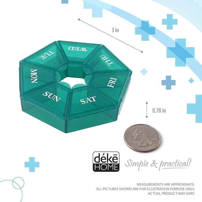 Deke Home - Small Weekly Pill Organizer, Round Pill Dispenser for Travel, Mini Pill Organizer, Compact Medicine Holder, Pill Sorters 7 Days, Portable Vitamin Container, BPA Free (Food Grade)