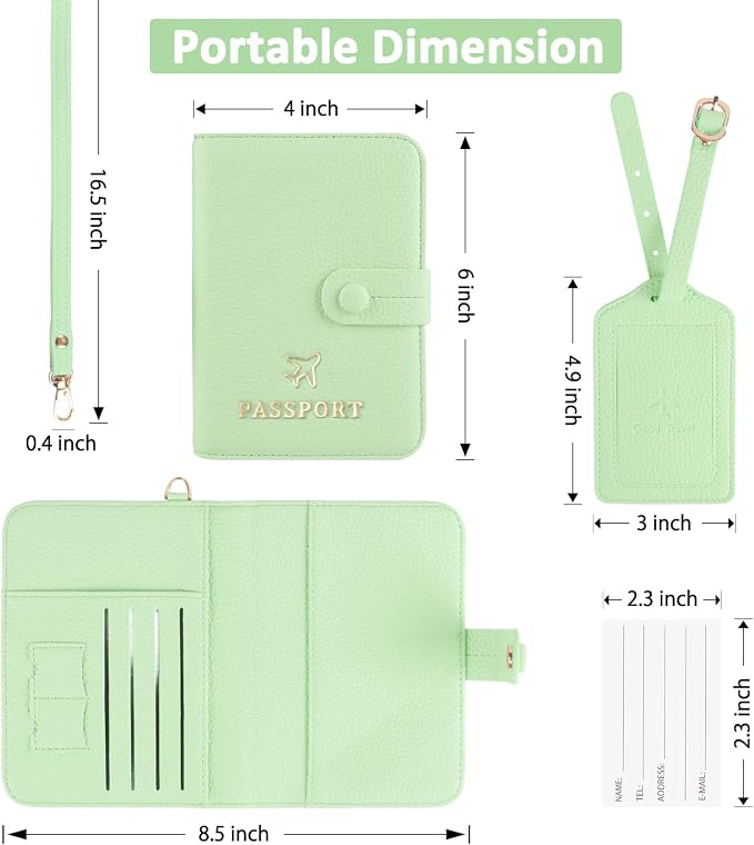 Passport Holder RFID Protected Wallet and Luggage Tag with Protection Cover Travel Accessories Leather Card Case Organizer for Women Men (Green)