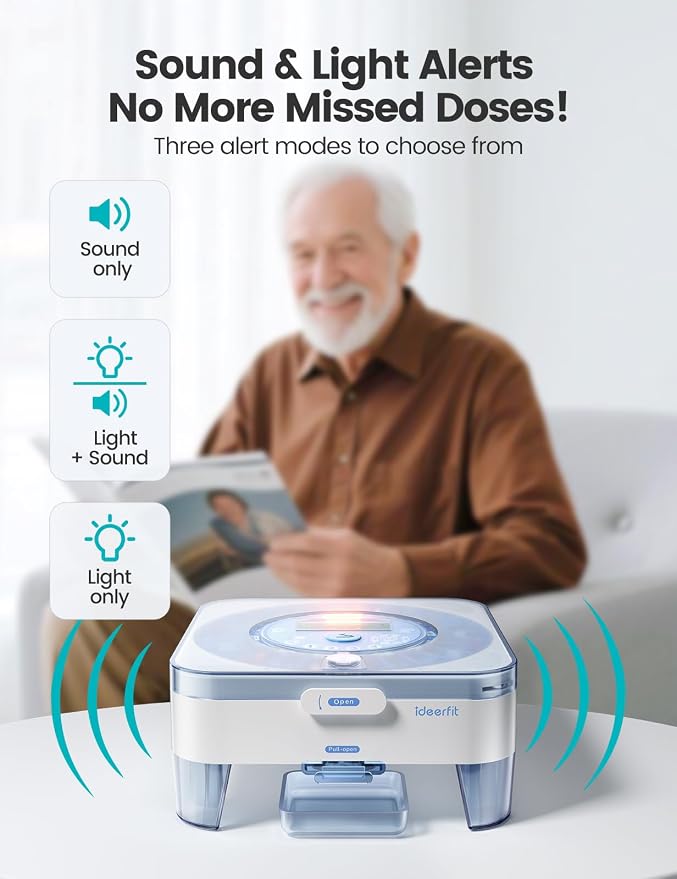 28-Day (1X) Automatic Pill Dispenser, No APP with Alarm & Desiccant | Easy medication management with Sound & Light Alerts, One-Press Dispensing, Large Compartments for Pills, Tablets & Capsules