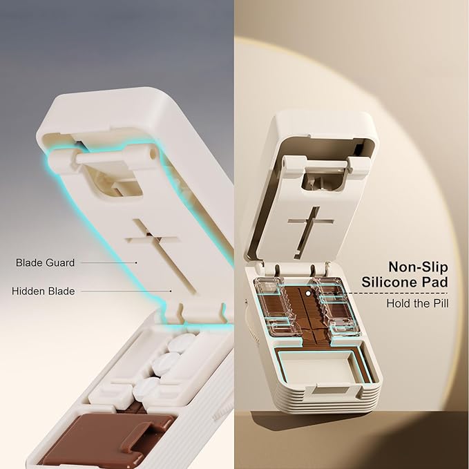 Pill Splitter for Large, Small, and Tiny Pills, 1/2 and 1/4 Portable and Adjustable Tablet Cutter with Hidden Blade,Cut Multiple Tablets with Storage Space (Brown)