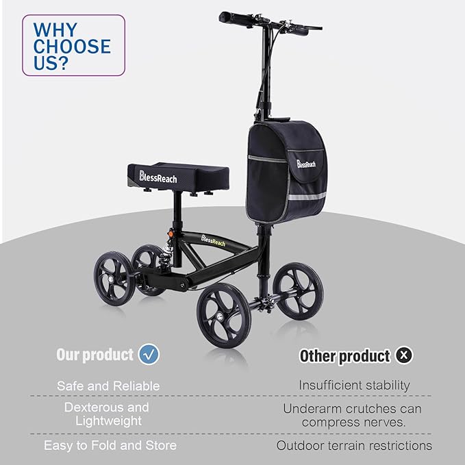 Steerable Knee Walker Deluxe Medical Scooter for Foot Injuries Compact Crutches, with Dual Rear on-Wheel Brake and Shock Absorption Under The Knee pad, Black