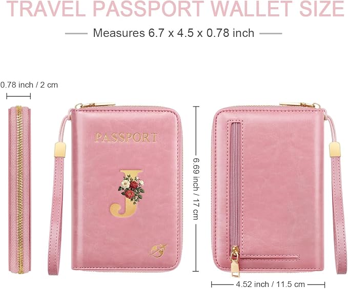 Passport Holder for Travel Personalized Wallet with Wristlet Women | All-in-One Passport Cover, RFID Blocking, Back Coin Pocket, Paper Money Slot, Zipper Closure, Roses Initial Letter, Pink J