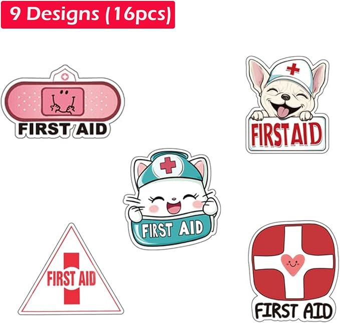 First Aid Sticker Decal Set | Self-Adhesive Vinyl Decals | 1st Aid Emergency Box Package | 9 Designs, 16 Pieces