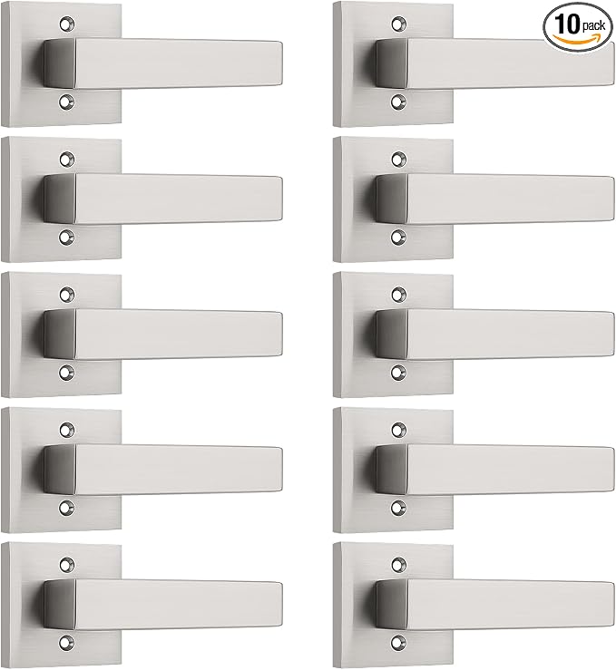 KNOBWELL 10 Pack Brushed Nickel Dummy Door Handles Inside Door Knobs Square Door Levers for Closet/Hallway/Pantry Single Side Door Handle