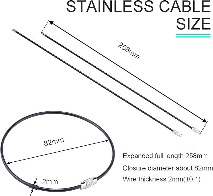 CooBigo 20Pack 10" Large Wire Key Chain Rings Big Cable Keychain 2mm Stainless Steel Wire Luggage Tag Loops Car Keyrings Women Bracelets Beads (Black, Metal)