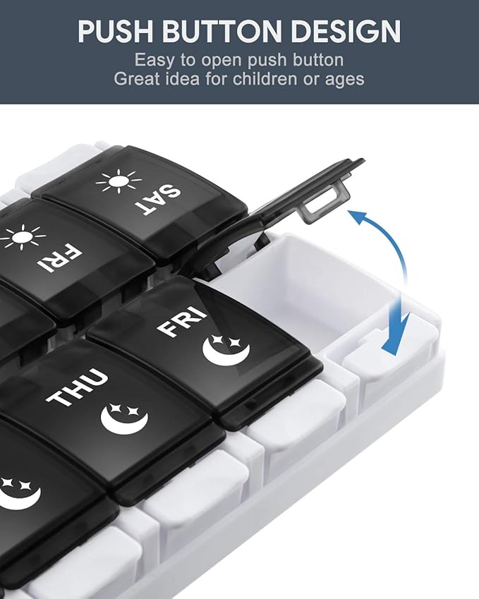 Pill Organizer 2 Times a Day Large Weekly Pills Case, Fullicon Pills Box Container Cases with Unique Push-Button Pop Open Design - Black