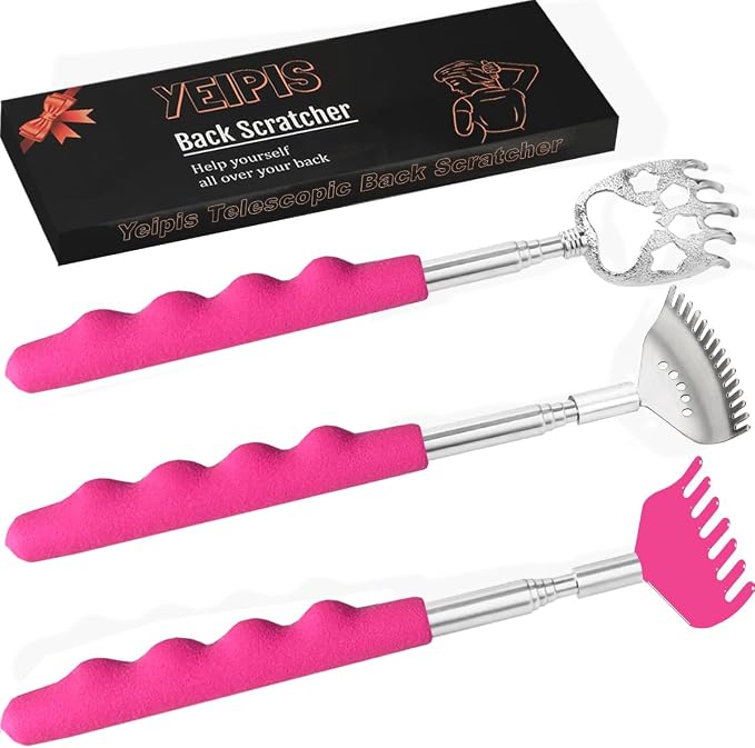 Yeipis 3 Pack Different Back Scratcher Metal Portable Telescoping Back scratchers with Rubber Handles, Extendable Back Massager Tool, Great Stocking Stuffers for Men Women Kids Adults（Pink）