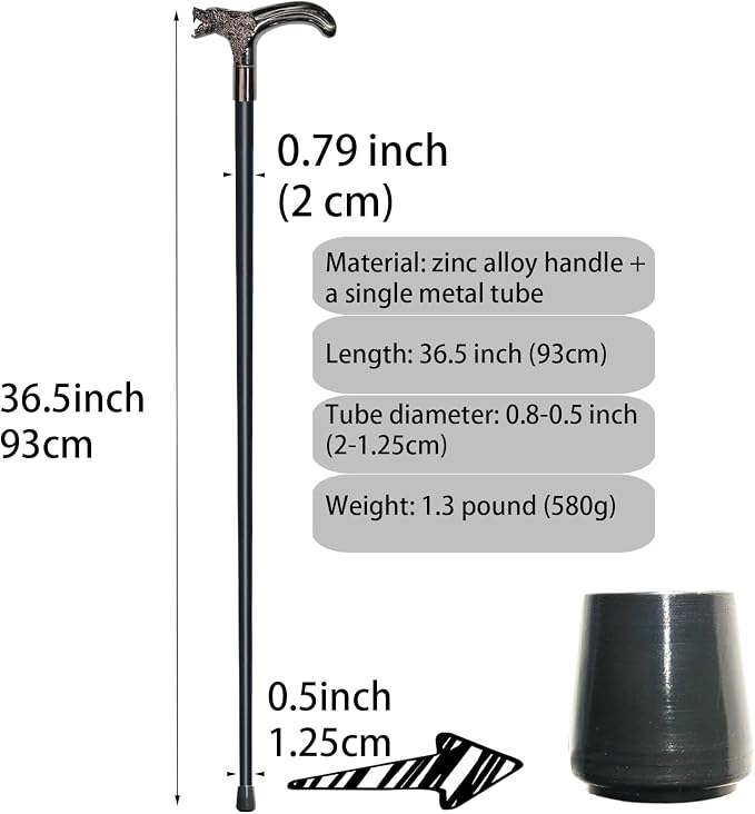 Walking Cane for Men & Women & Seniors - 36.5 Inch Heavy Duty 500+ lbs Capacity, Wolf Ergonomic Handle, Decorative & Ornate Design, Gothic & Goth Elegant Artistry, Metal Cane