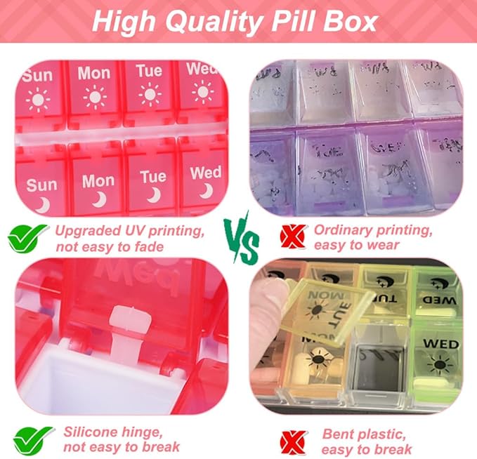 Shintop Weekly Pill Organizer 2 Times, Pink Pill Box Push Button Daily Vitamin Case Easy Fill Morning Night Medicine Organizer for Fish Oil Supplements