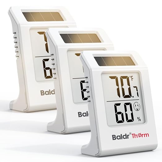 Digital Thermometer and Humidity Meter, Solar-Powered 2.2" Indoor Temperature Sensor Humidity Monitor, Humidity Gauge for Baby Rooms, Bedrooms, Home, Office, and Wine Cellars, White, 3Pack