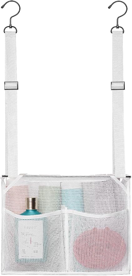 ALYER Mesh Shower Caddy, Bath Organizer with Adjustable Hanging Straps, Multipurpose Storage Bag for College,Camp,RV, Travel and Gym (White)