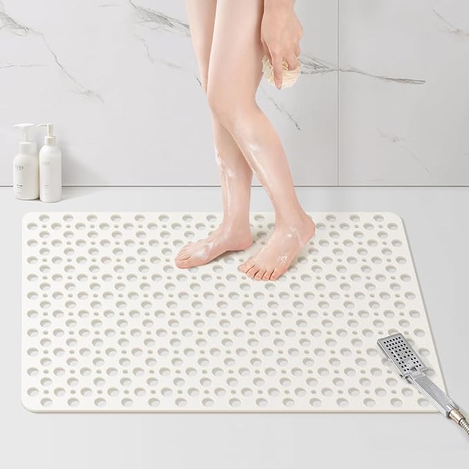 Yolife Large Shower Mat, 35 x 24 inch Non Slip Shower Mats for Inside Shower with Drain Holes and Suction Cups for Bathroom, No Odor TPE Shower Floor Mat, White