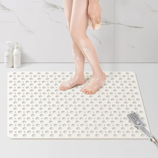 Yolife Large Shower Mat, 35 x 24 inch Non Slip Shower Mats for Inside Shower with Drain Holes and Suction Cups for Bathroom, No Odor TPE Shower Floor Mat, White