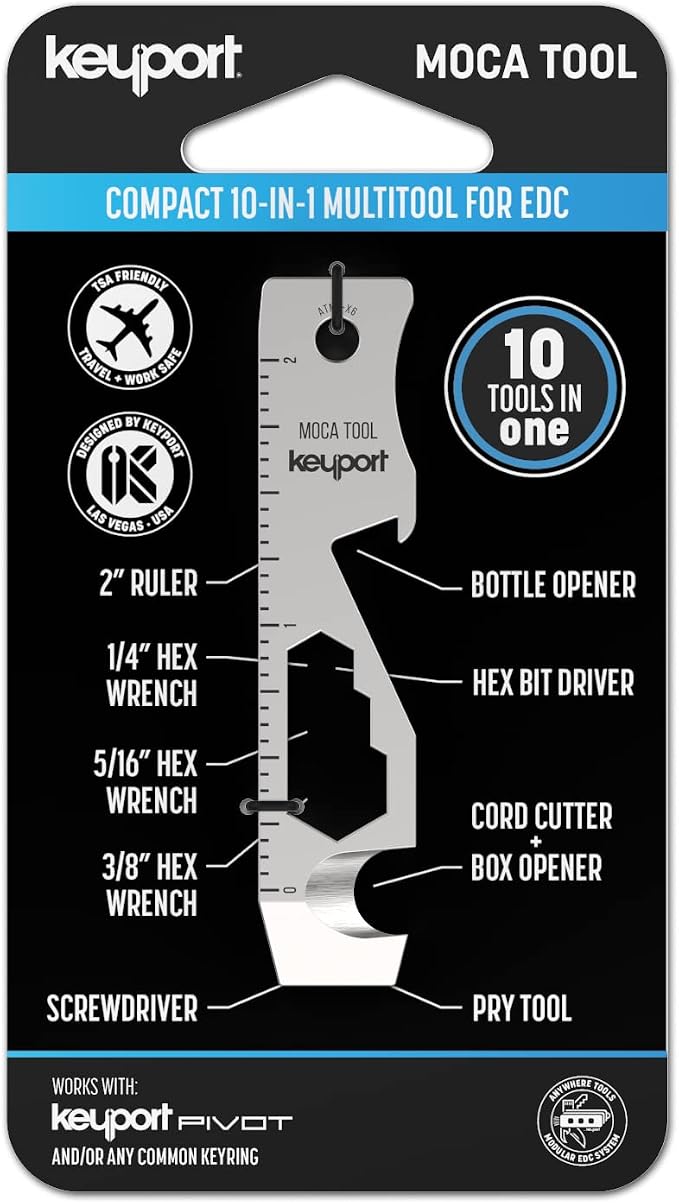 Keyport MOCA 10-in-1 Keychain Multitool - Flat EDC Key Tool - Silver | Fits Key Chains, Select Key Organizers | 420 Stainless | Internal Blade, Travel-Friendly | Box Opener, Pry Bar, Bottle Opener