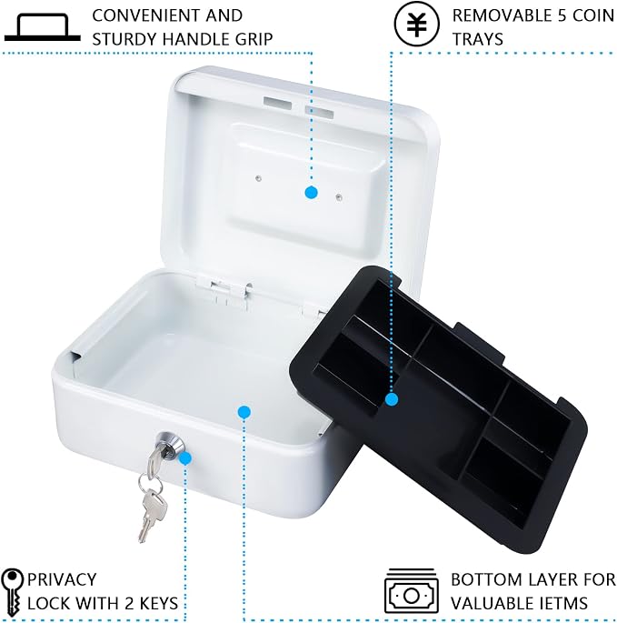 KYODOLED Medium Cash Box with Money Tray,Small Safe Lock Box with Key,Cash Drawer,7.87"x 6.30"x 3.54" White Medium