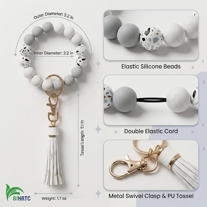 BIHRTC Key Ring Bracelet Car Keychain Holder Wristlet Silicone Women Beaded Bangle Chains