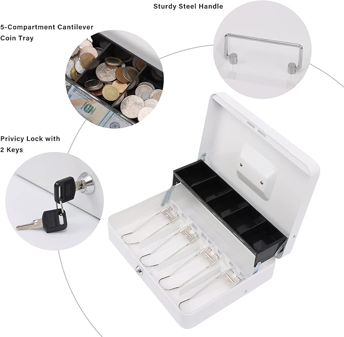 xydled Metal Cash Box, Cash Box with Money Tray and Key Lock, Storage Box, White,4 Bill / 5 Coin Slots,11.8" x 9.5" x 3.5",White