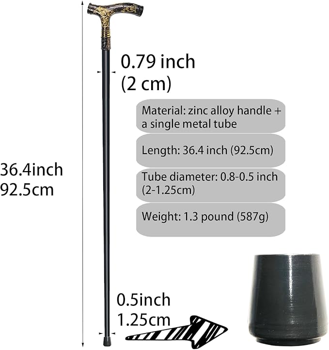 Walking Cane for Men & Women - 36.5 inch Heavy Duty 500+ lbs Capacity, Ergonomic Handle, Decorative & Ornate Fancy Design, Gothic & Goth Elegant Matte Black & Gold Artistry, Metal Cane