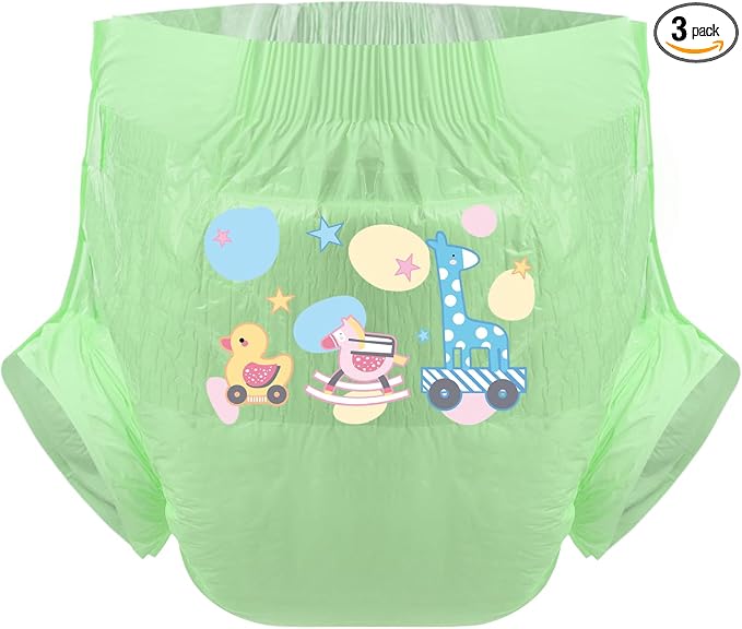 CutiePlusU Adult Diapers Sample 3 Pieces Adult Brief Diaper Incontinence Underwear Green Cute Toddler (Large 37"-47")