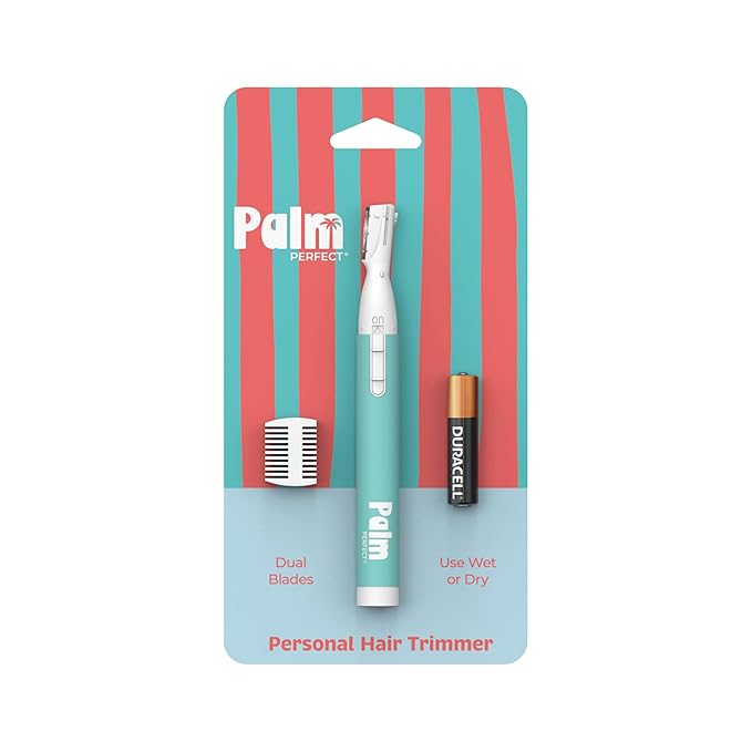 PalmPerfect Personal Hair Trimmer – Painless Precision Shaver for Eyebrows | For Eyebrows, Upper Lip, Ears, and Nose, Stainless Steel Twin-Blade Groomer with Dual-Length Comb & Battery Included