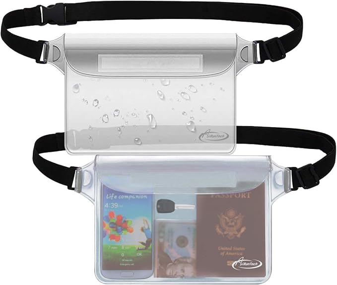 AiRunTech Waterproof Pouch with Waist Strap (2 Pack) | Beach Accessories Best Way to Keep Your Phone and Valuables Safe and Dry | Perfect for Boating Swimming Snorkeling Kayaking Beach Pool Water Park