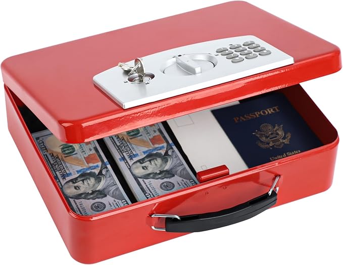 KYODOLED Red Safe Box with Digital Keypad Lock, Lock Box with Code for Personal Items, Metal Security Box for Cash, Passport, Jewelry, Ideal for Home, Office, Garage Sale, 11.8'' x 9.4'' x 3.5''