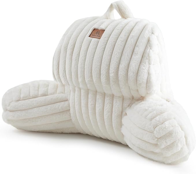 Amélie Home Faux Fur Reading Pillow with Pocket for Sitting in Bed, Kids Backrest Bed Pillow with Washable Cover for Lounging, Study & Relaxing, Ivory 17 inches