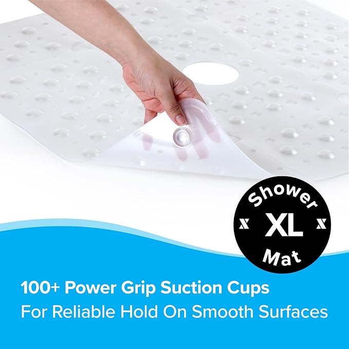SlipX Solutions 27" Oversize Square Shower Mat, Non-Slip Mat for Elderly & Kids, 100+ Power Grip Suction Cups for Smooth Surfaces, Machine Washable, White Pearl