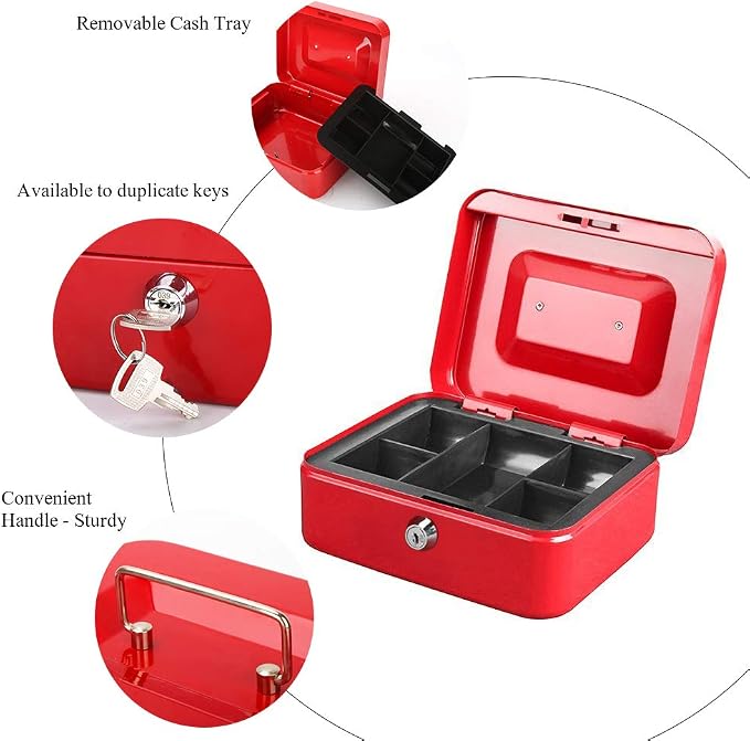 Jssmst Locking Medium Steel Cash Box with Money Tray,Lock Box,Red