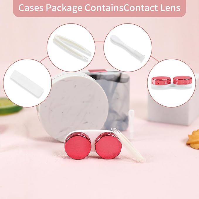 2 Pack Contact Lens Case, Portable Eye Contacts Colored Lenses Applicator Remover Tool Kit with Mirror Solution Bottle for Daily Makeup Office Travel Outdoor (Rose Pink Marble)