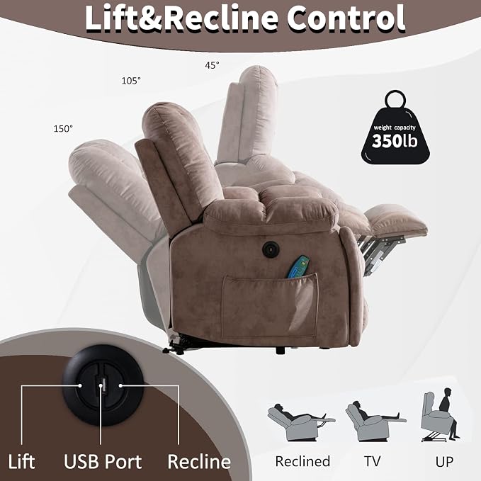Power Lift Recliner Chair with Massage and Heat for Elderly, Overstuffed Wide Recliners, Heavy Duty and Safety Motion Reclining Mechanism with USB Ports, 2 Concealed Cup Holders, Apricot