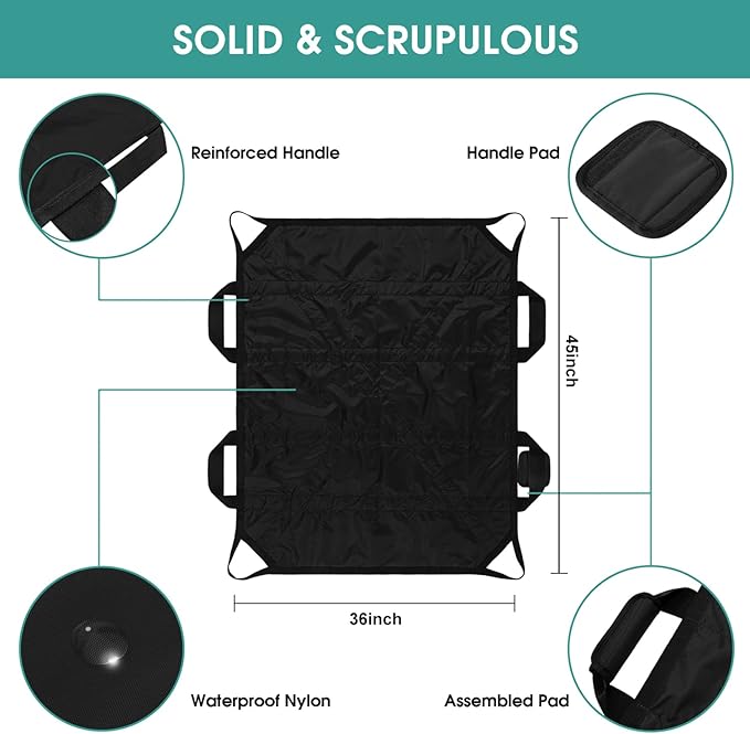 45" x 36" Positioning Bed Pad with Handles Washable Draw Sheets for Hospital Bed Ridden Patient Clothes Waterproof Glide Sheets for Patients Moving Pad for Lifting &Transfer Sheet Nylon, Black