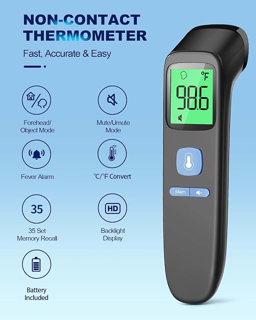 Non-Contact Forehead Thermometer for Adults and Kids, 1 Second Result | Accurate Reading with Large Display, Mute Mode, Memory Recall, Fever Alarm, Easy to use for Home & Hospital