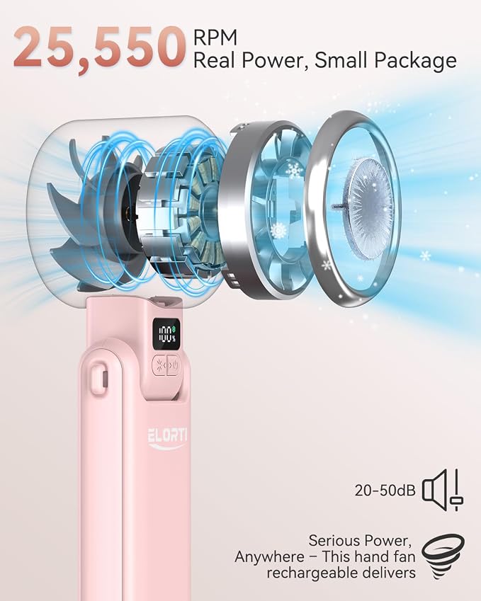 Portable Fan, Handheld Fan, Small Fan with Turbo & Ice Cooling, Hand Fan 5-Speed 4000mAh Rechargeable, 3-in-1 Foldable Personal Travel Fan, Lightweight for Beach Vacation, for Women Girl-Pink