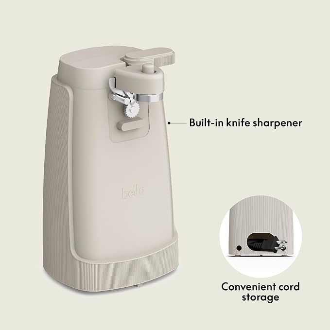 bella Electric Can Opener and Knife Sharpener, Removable Cutting Lever, Cord Storage, Stainless Steel Blade, Oatmilk