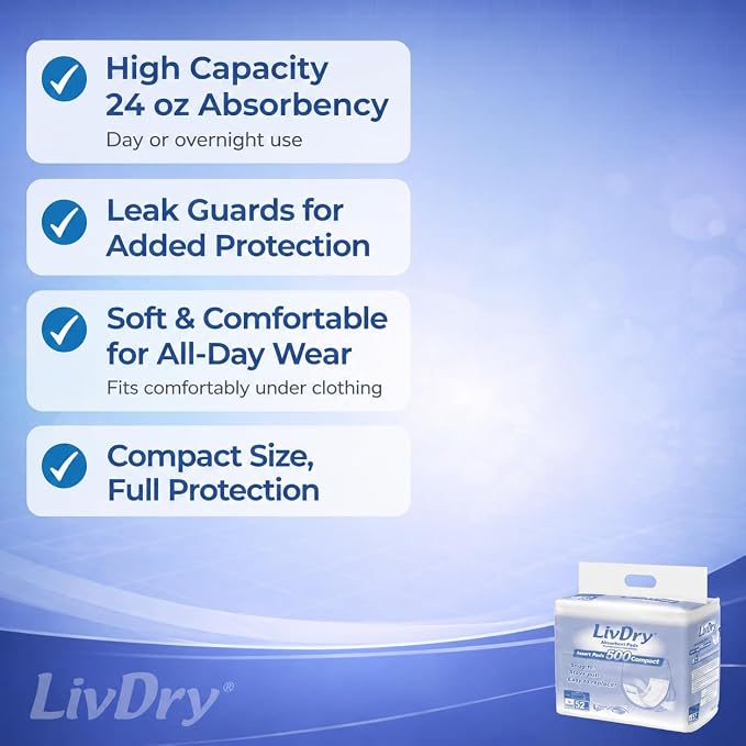 LivDry Incontinence Pad Inserts for Women and Men, 24 oz High Absorbency, Compact Length Booster with Leak Guards for All Day and Overnight Protection (104 Count)
