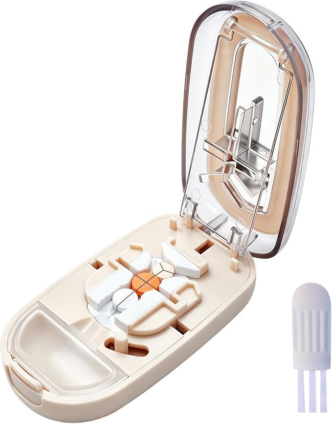 Pill Cutter for Small Tiny and Large Pills, Dual Blade Pill Splitter for Clean and Precise Cuts into 1/2, 1/3, 1/4, with Centering Device, Storage Organizer, Portable & Easy-Grip Design