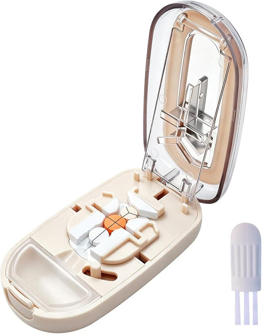 Pill Cutter for Small Tiny and Large Pills, Dual Blade Pill Splitter for Clean and Precise Cuts into 1/2, 1/3, 1/4, with Centering Device, Storage Organizer, Portable & Easy-Grip Design