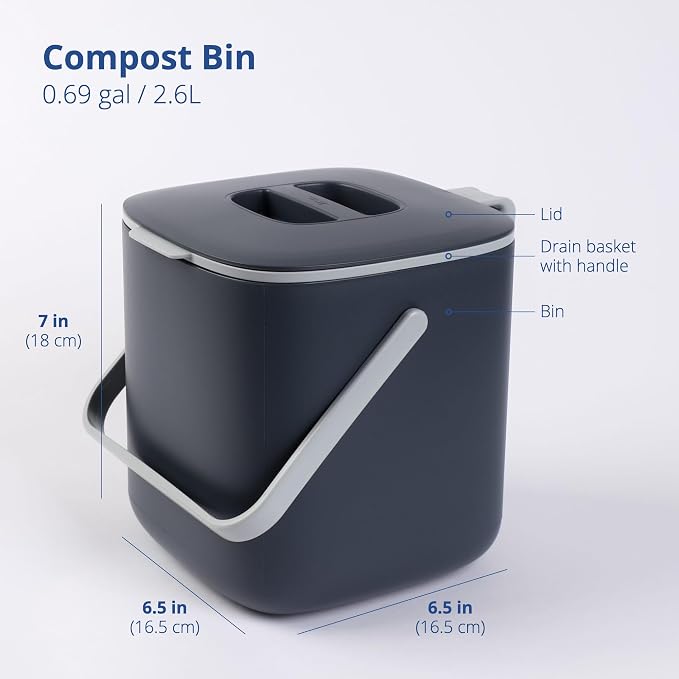 Blue Ginkgo Kitchen Compost Bin, 2.6L Countertop Compost Bin, Dark Grey | Odor-Tight. Filter-Free. Dishwasher Safe.