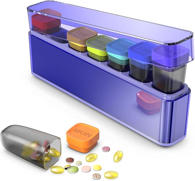 Weekly Pill Organizer 1 Time a Day, HIONXMGA Portable Detachable Travel Pill Box 7 Day, Large Once Daily Pill Holder Case, Color-Coded Dispenser for Vitamin Medicine Supplement Fish Oil, Purple